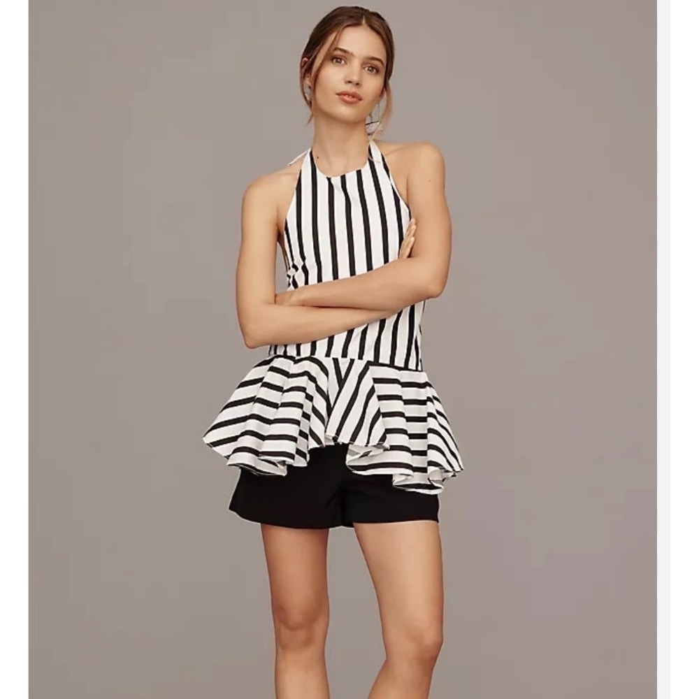 Maeve Anthropologie Black White Striped Halter Peplum Ruffle Top Medium M‎